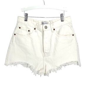 Zara Womens Frayed Hem High Rise Button‎ Fly Denim Shorts White Size 8